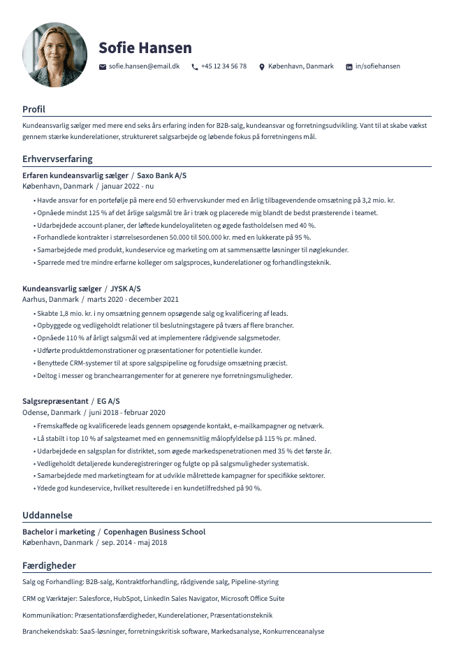 Kundeansvarlig sælger CV
