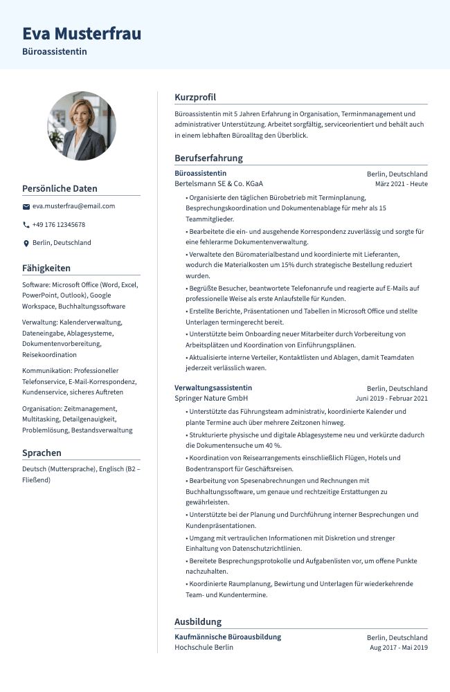 Lebenslauf als Büroassistentin