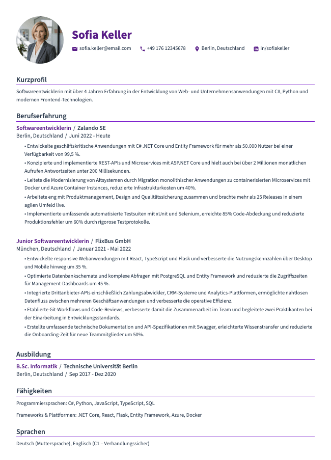 Lebenslauf als Softwareentwicklerin
