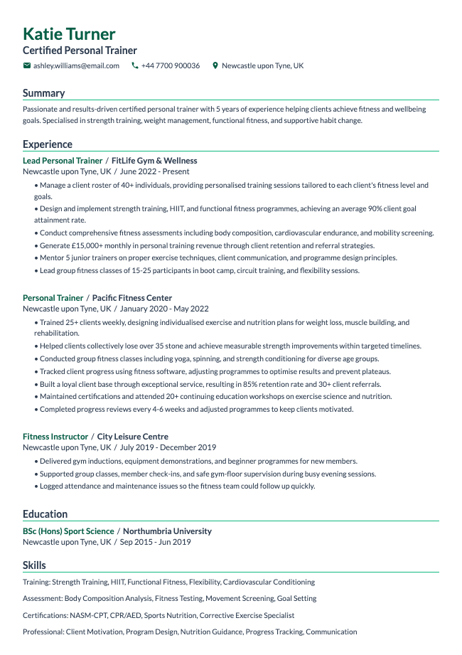 Personal Trainer CV