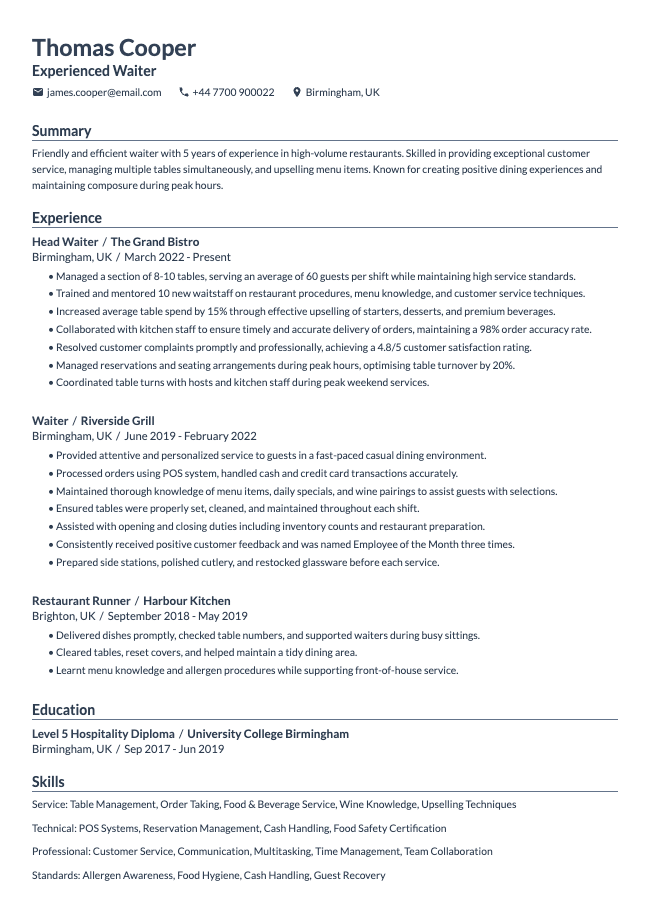 Waiter CV