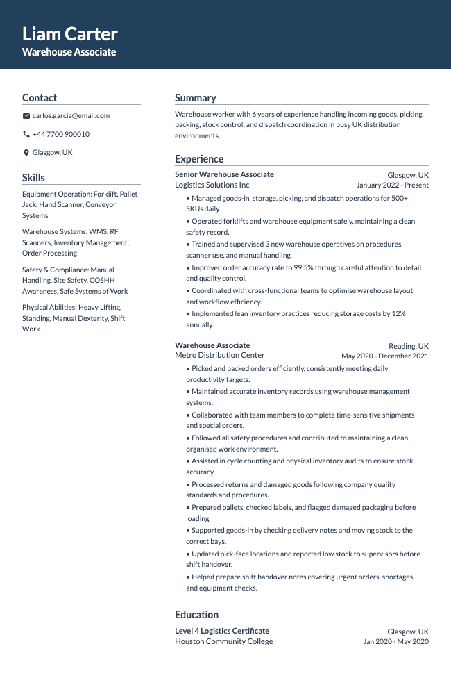 Warehouse Worker CV
