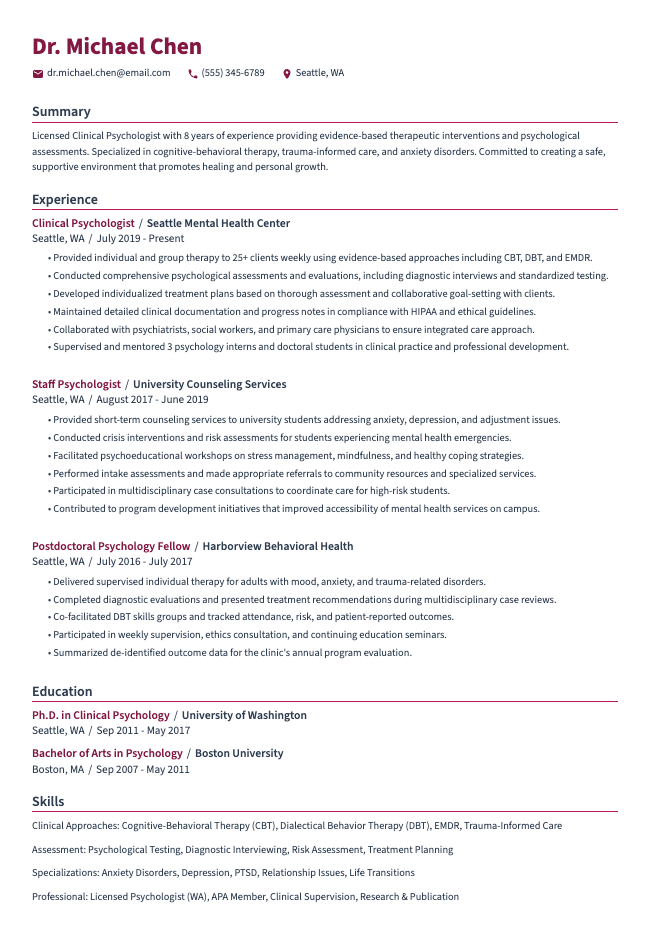 Clinical Psychologist Resume