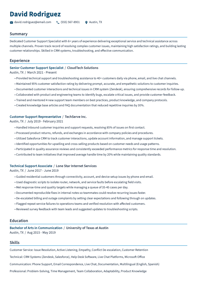 Customer Support Specialist Resume
