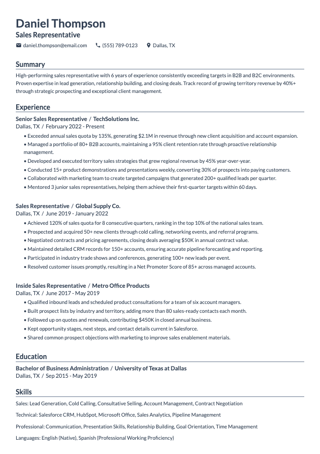 Sales Representative Resume