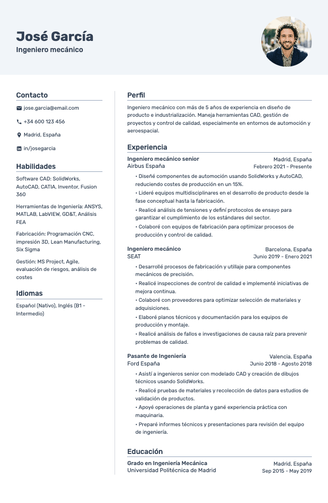 Currículum de ingeniero mecánico