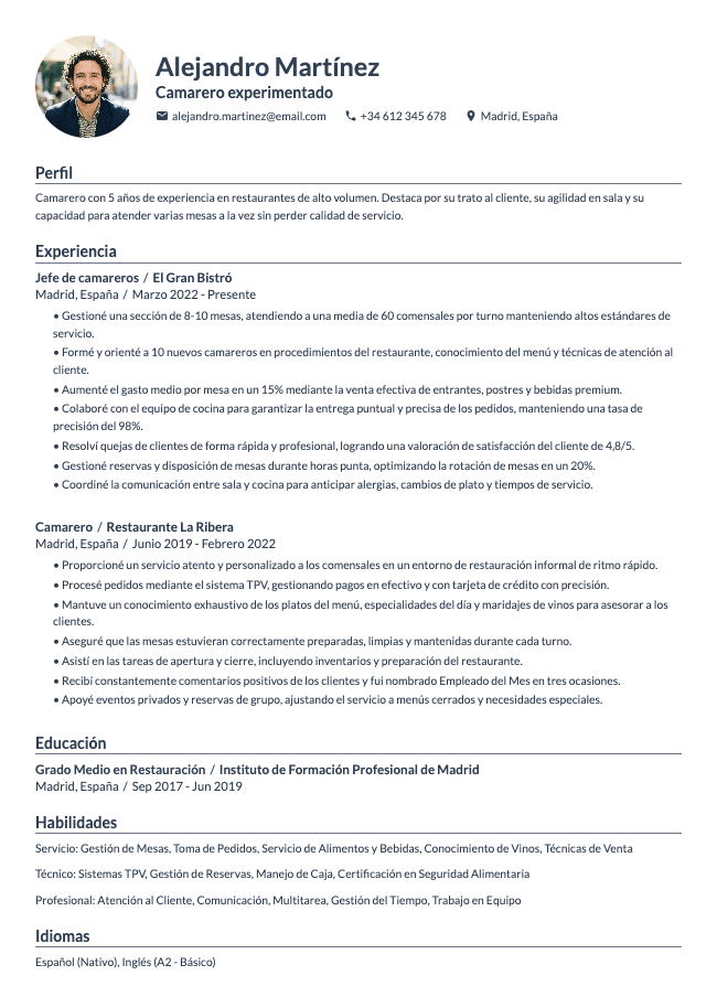 Currículum de camarero
