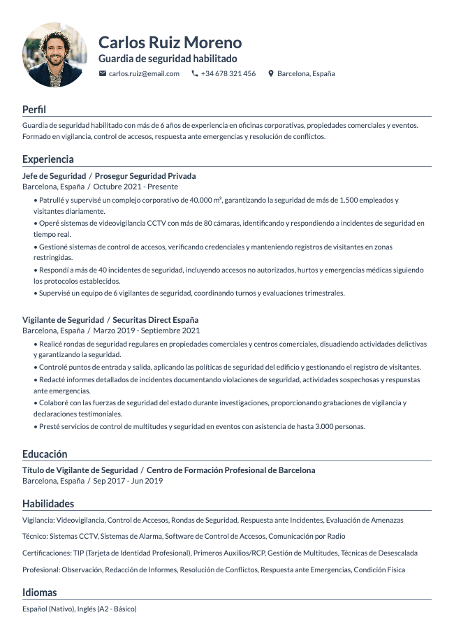 Currículum de guardia de seguridad