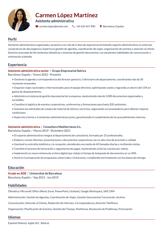 Currículum de asistente administrativa