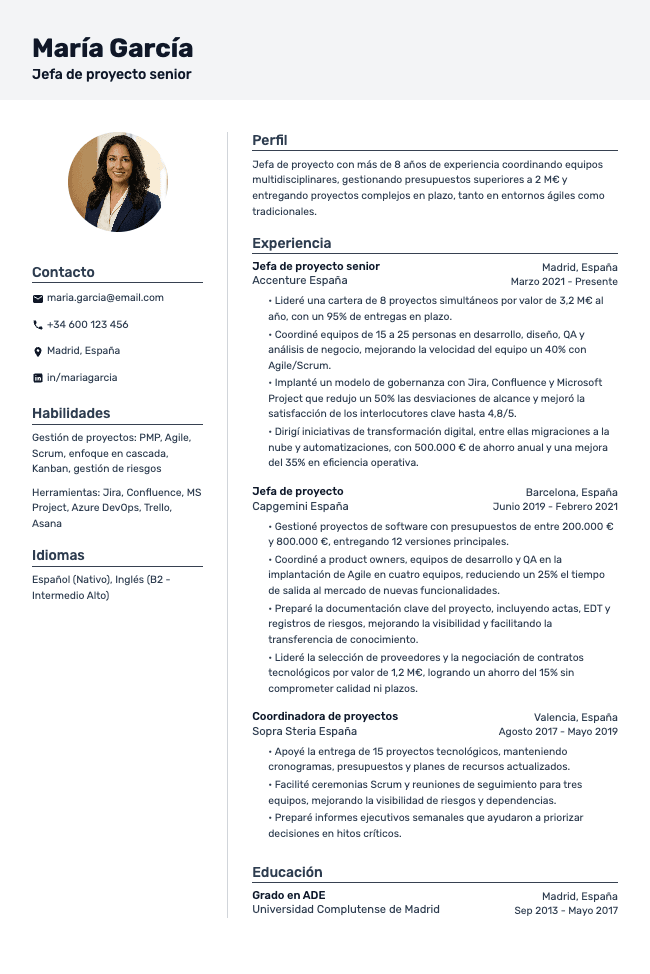 Currículum de jefa de proyecto