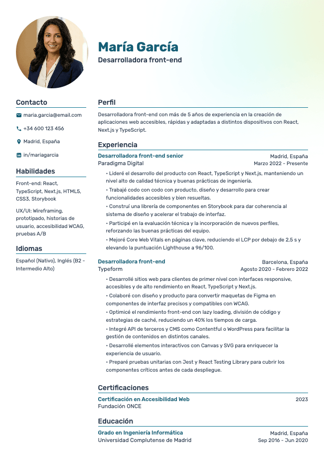 Currículum de desarrolladora front-end