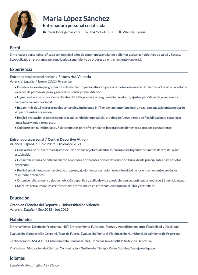 Currículum de entrenadora personal