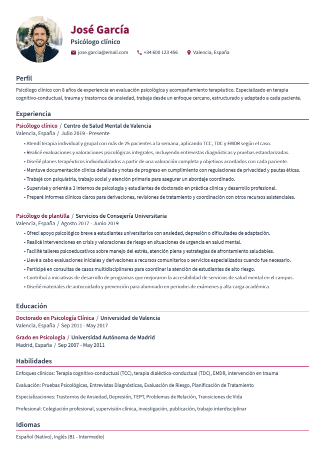 Currículum de psicólogo clínico