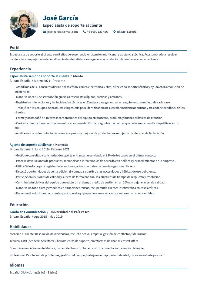Currículum de especialista de soporte al cliente