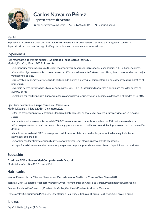 Currículum de representante de ventas
