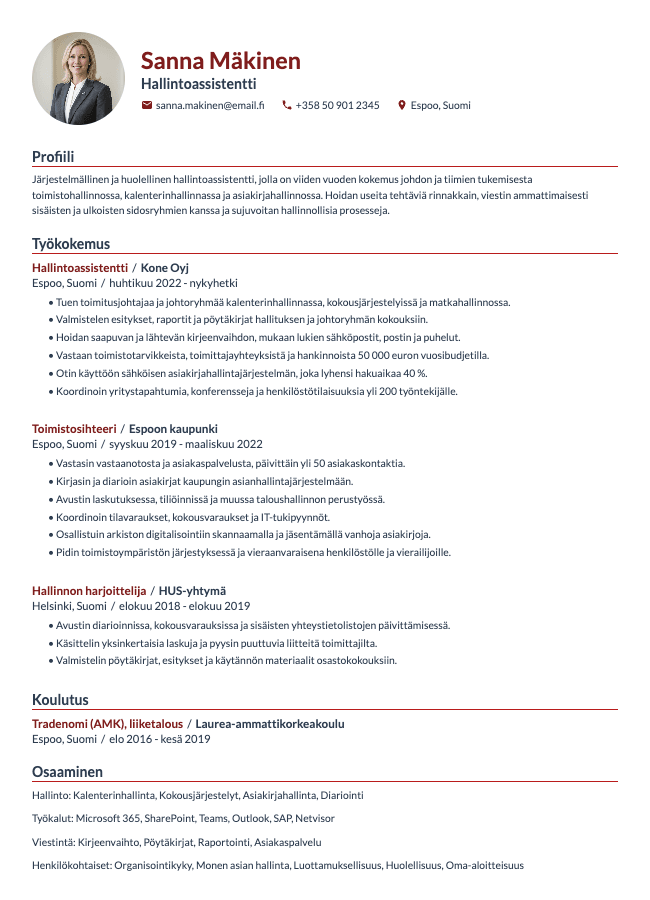 Hallintoassistentti CV