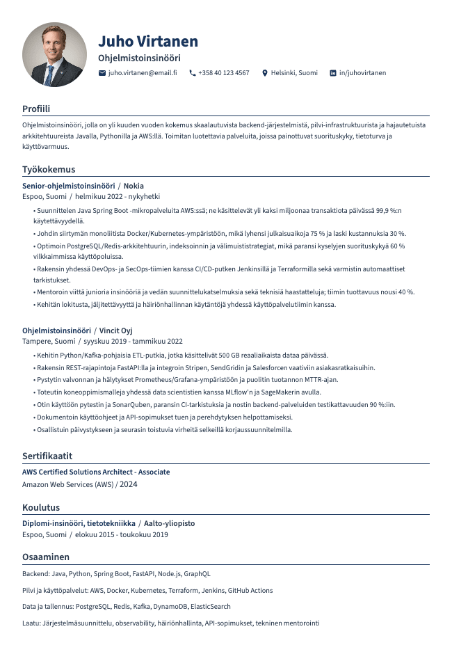 Ohjelmistoinsinööri CV