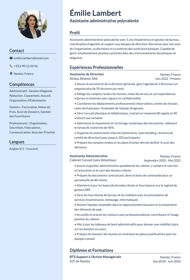 CV d'assistante administrative