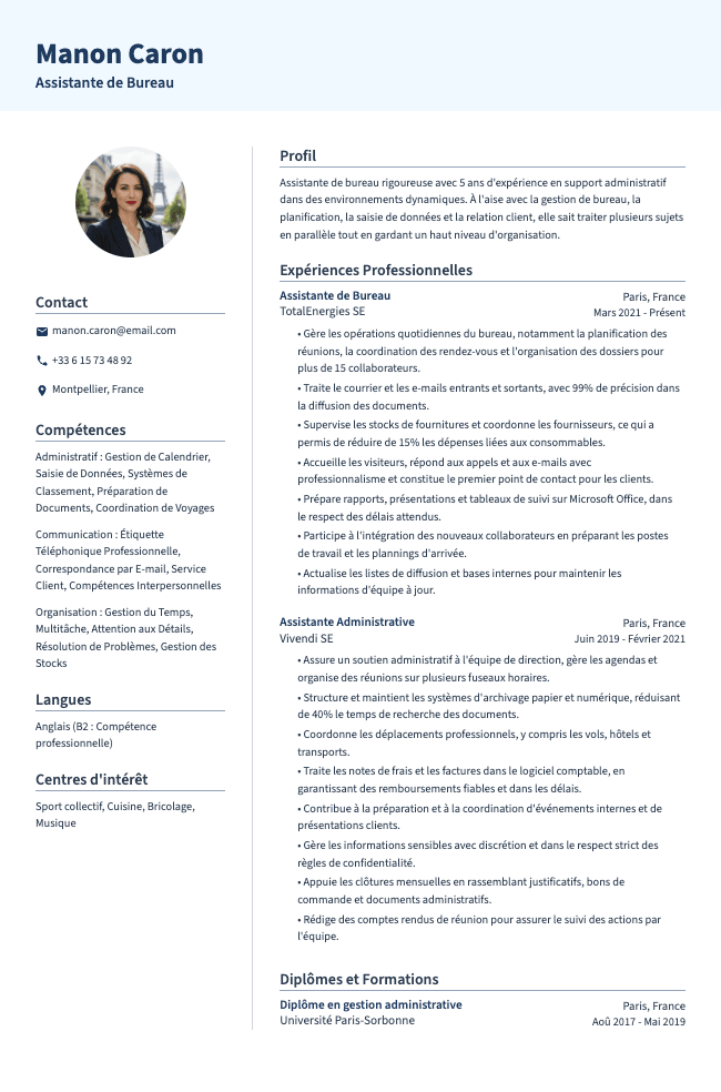 CV d'Assistante de Bureau
