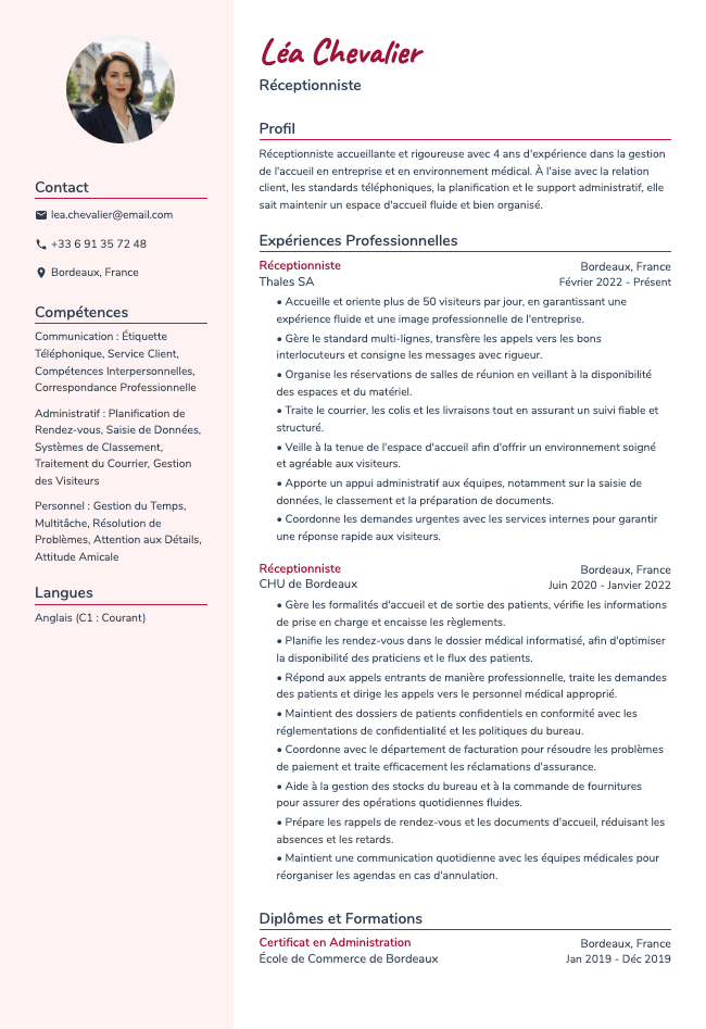 CV de Réceptionniste