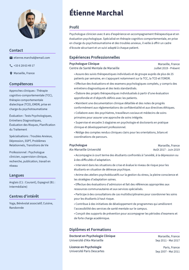 CV de Psychologue Clinique