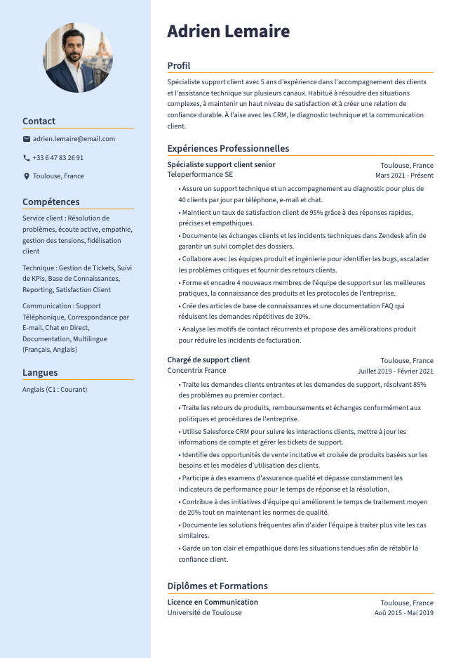 CV de spécialiste support client