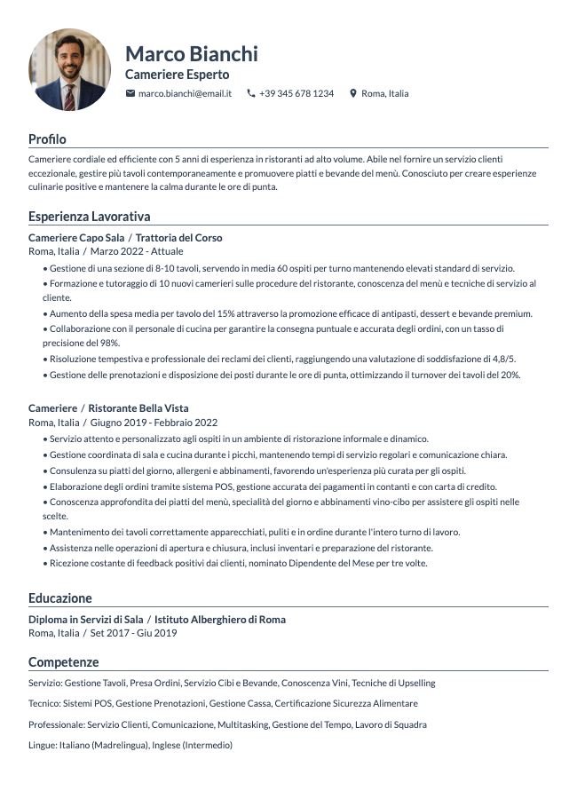 Curriculum Cameriere/a