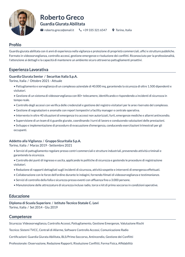 Curriculum Guardia di Sicurezza