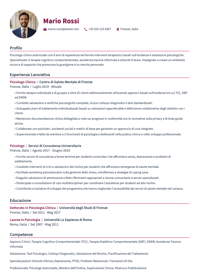 Curriculum di Psicologo Clinico
