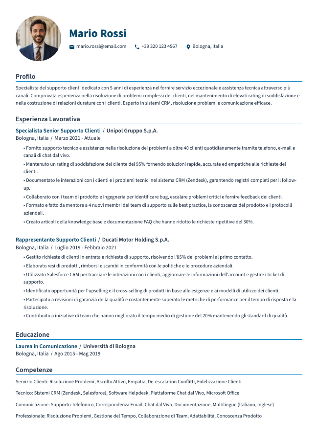 Curriculum di Specialista Supporto Clienti
