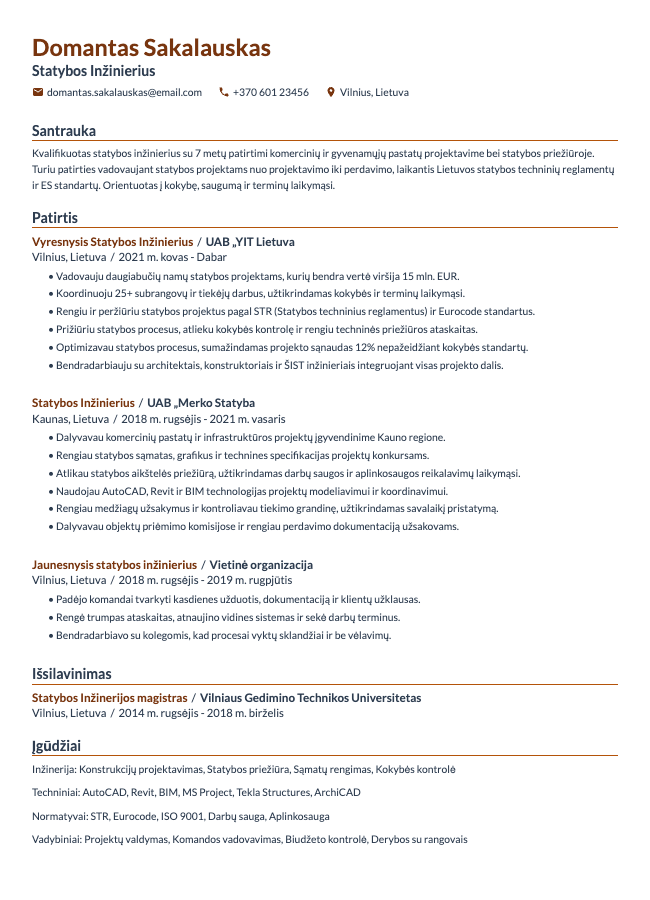 Statybos Inžinieriaus CV