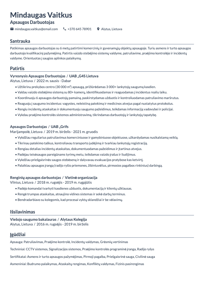 Apsaugos Darbuotojo CV