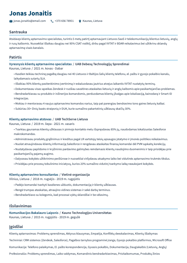 Klientų aptarnavimo specialisto CV