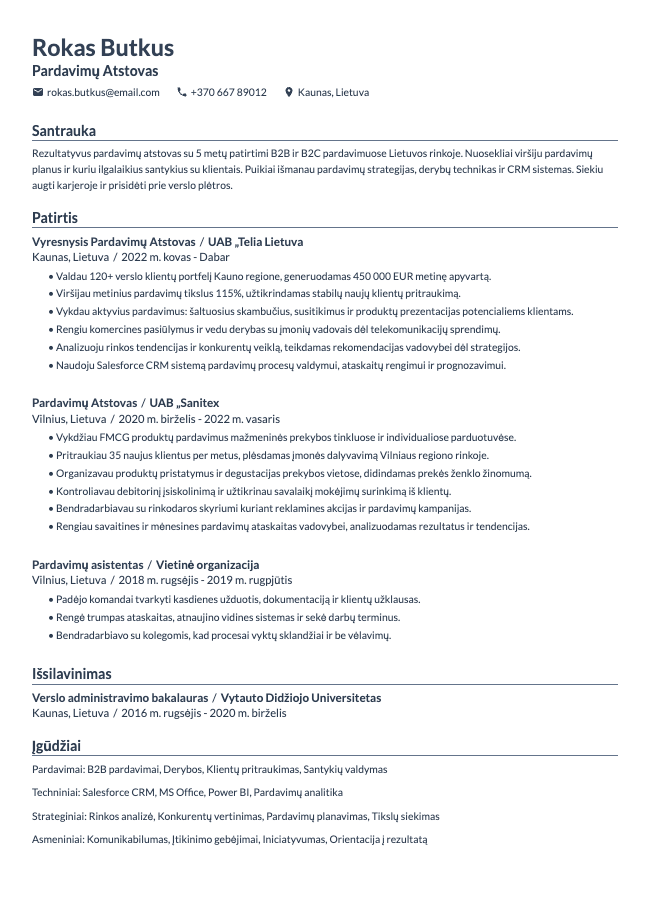 Pardavimų Atstovo CV