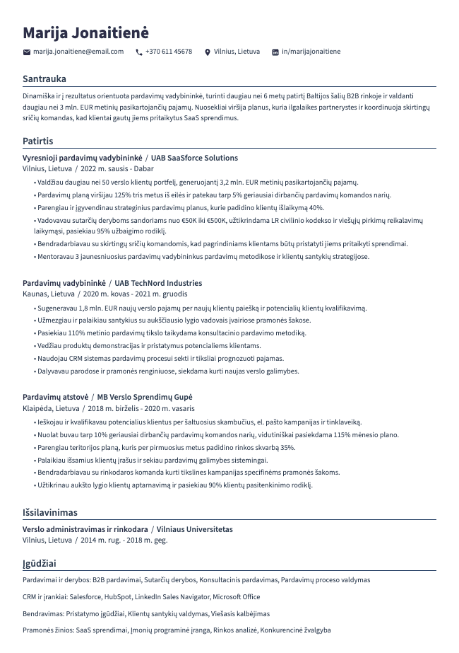 Pardavimų vadybininkės CV