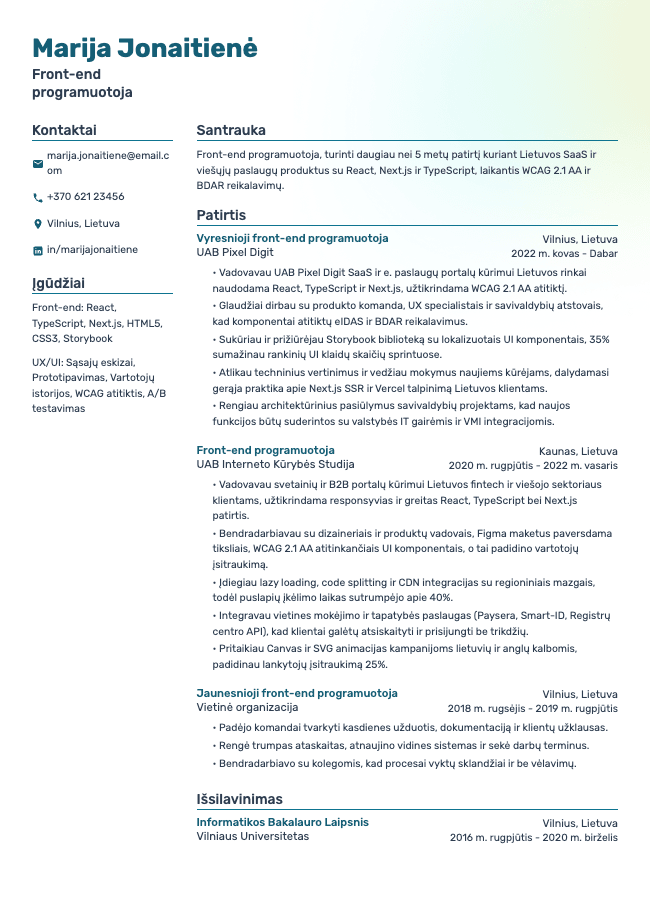 Front-end programuotojos CV