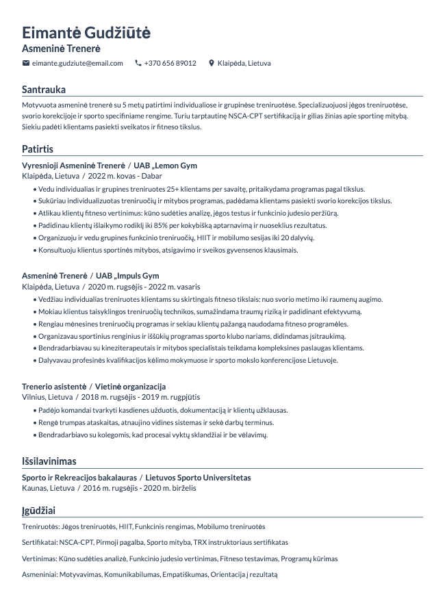 Asmeninės Trenerės CV