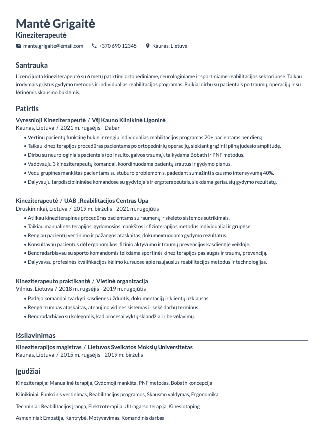 Kineziterapeutės CV