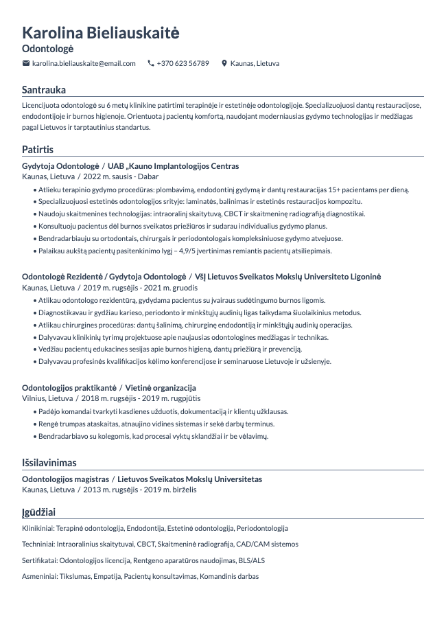 Odontologės CV