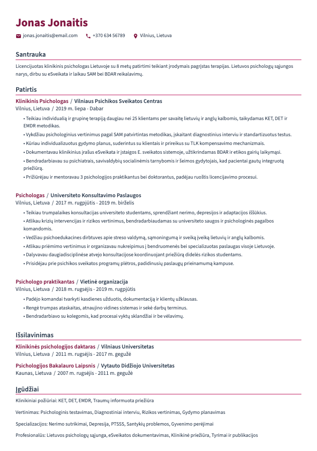 Klinikinio Psichologo CV