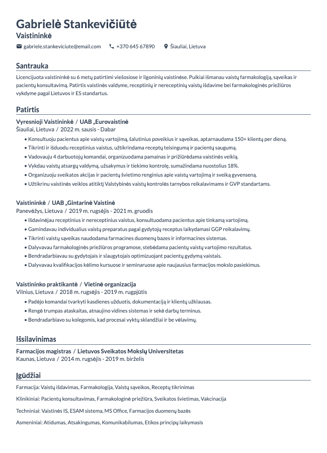 Vaistininkės CV