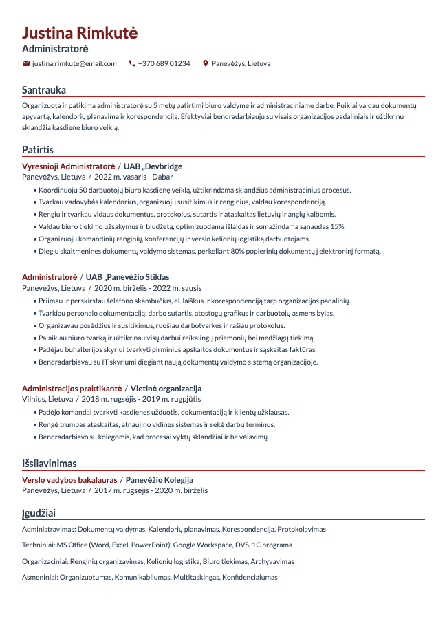 Administratorės CV