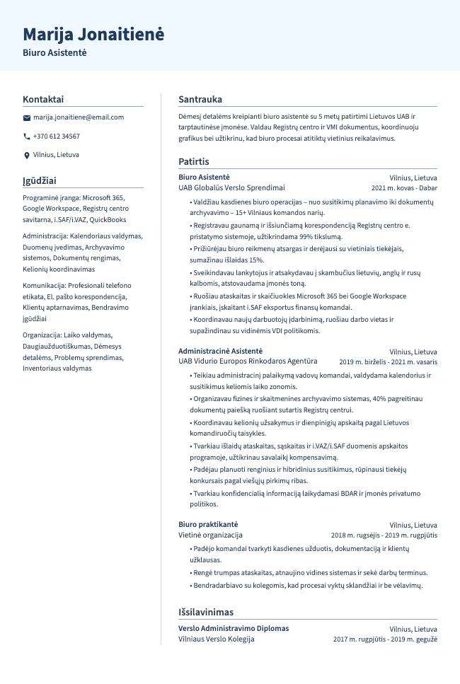 Biuro Asistentės CV