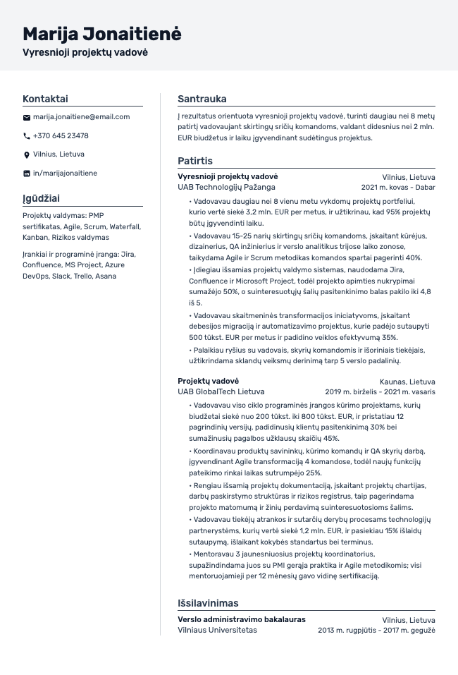 Projektų vadovės CV