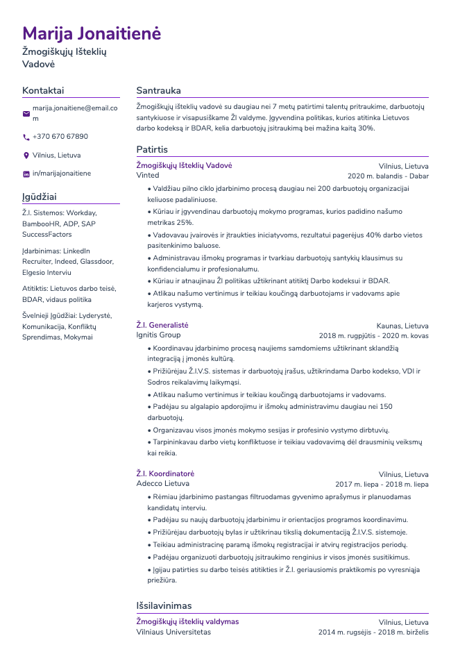 Žmogiškųjų Išteklių Vadovės CV