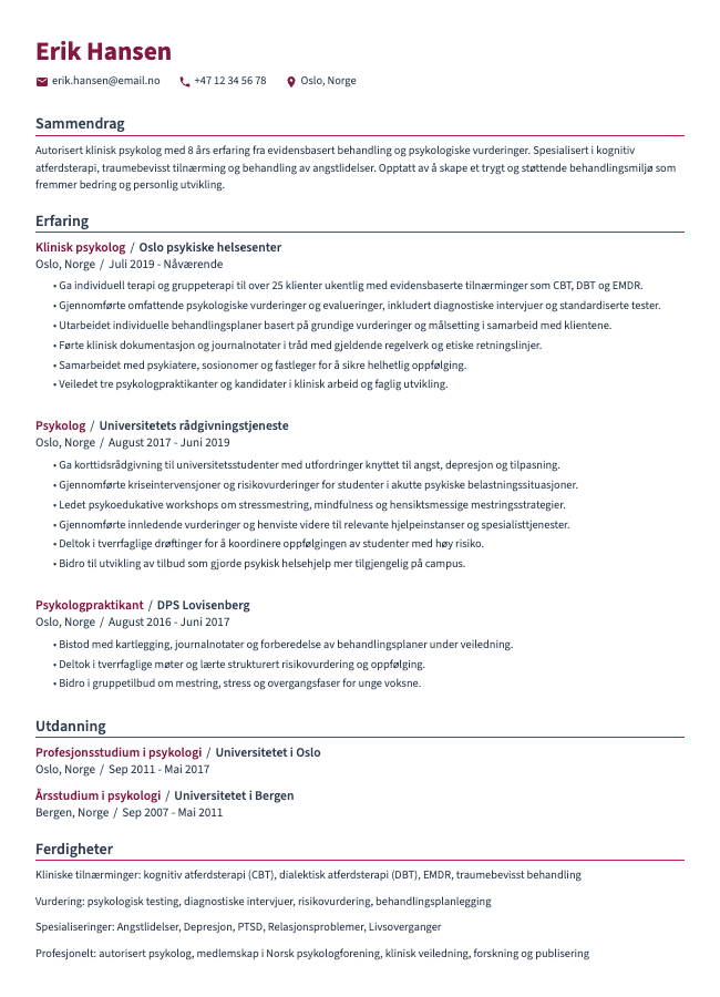 Klinisk psykolog CV