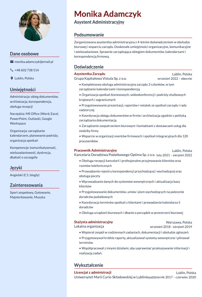 Asystent Administracyjny CV