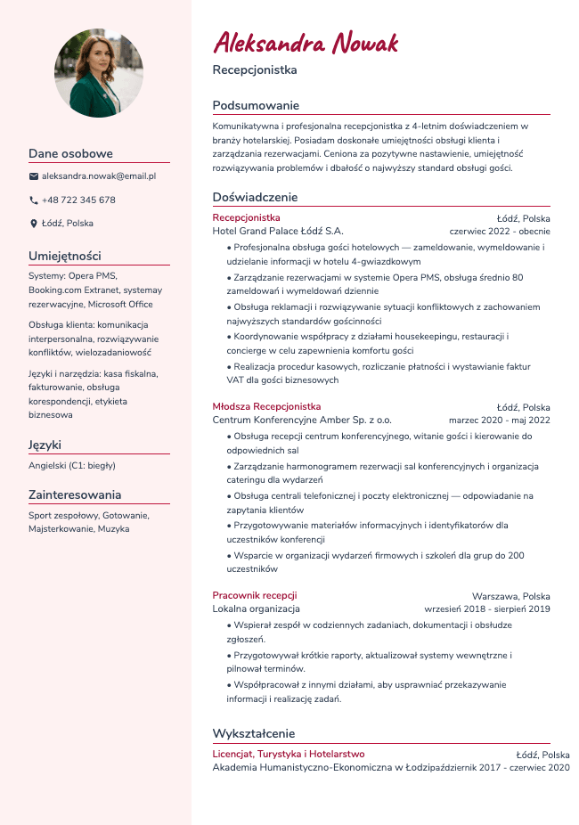 Recepcjonistka CV
