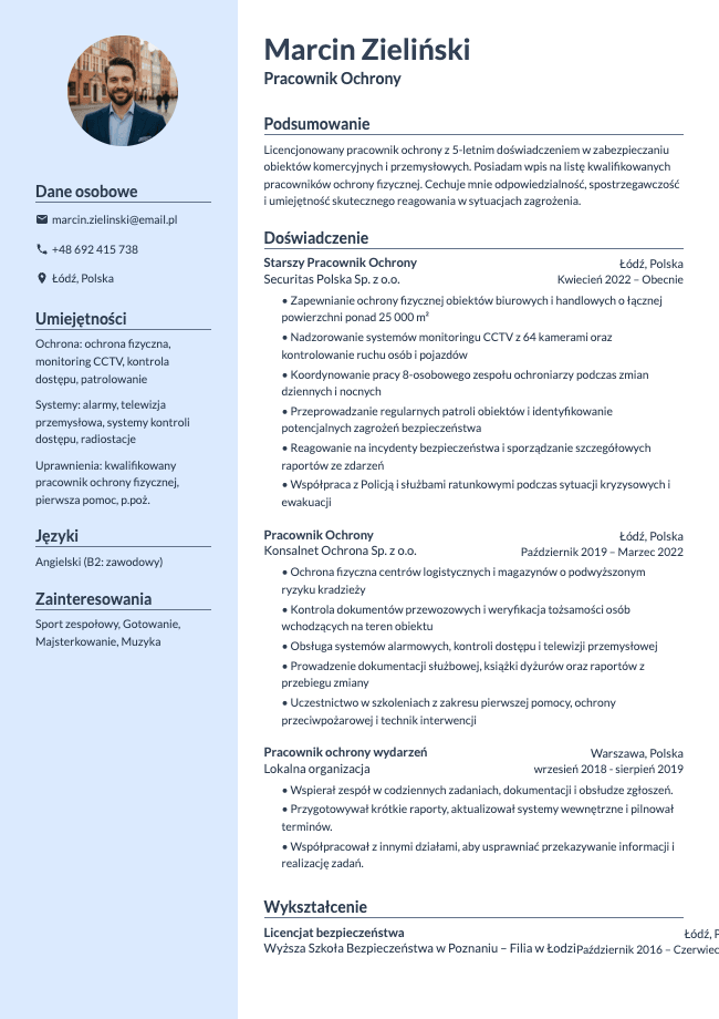CV Pracownika Ochrony