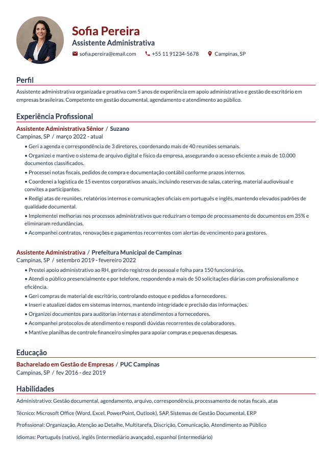 Currículo de Assistente Administrativa